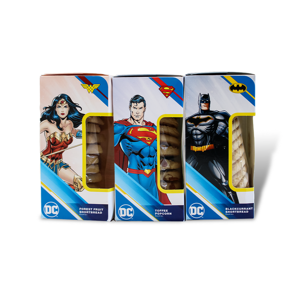 Shortbread Cookies and Biscuit Variety Pack - 3 Packets DC Super Hero Biscuit Trio - Forest Fruit Shortbread, Toffee Popcorn Biscuit, Blackcurrent Shortbread - Cookies & Biscuits Gifting