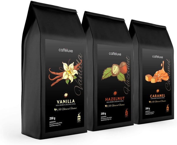 Caffeluxe (Vanilla - Caramel - Hazenut) Natural Ground Coffee Medley (3x250g)