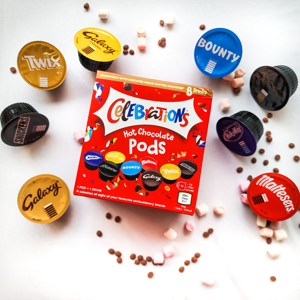 Mars Hot Chocolate Celebrations Dolce Gusto Compatible Capsules - Twix, Mars, Bounty, Snickers, Galaxy, Malteser, Milkyway & Galaxy Caramel - 1 Box, 8 Capsules