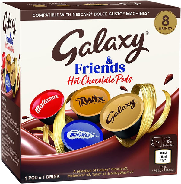 Galaxy Hot Chocolate Pods | Mixed Hot Chocolate Dolce Gusto Compatible Pods | Friends Variety Maltesers Pods, Twix Pods, Milkyway Pods - 8 Capsules