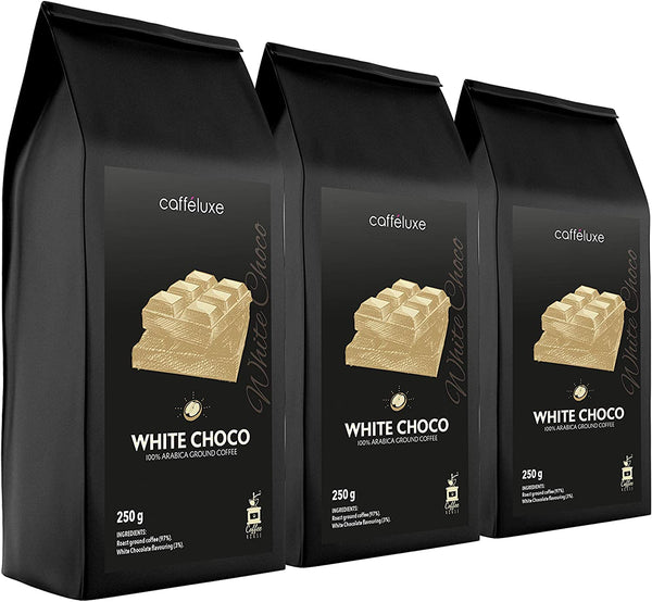 Caffeluxe - Flavoured Ground Coffee - 100% Arabica Beans - White Choco (3x250g)