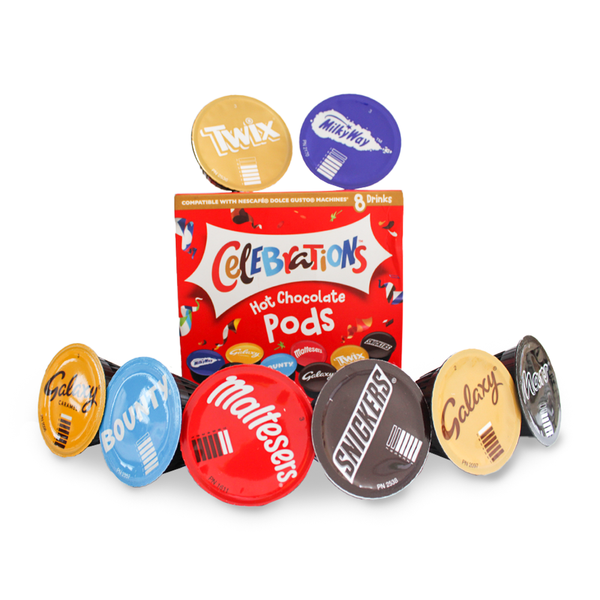 Mars Hot Chocolate Celebrations Dolce Gusto Compatible Capsules - Twix, Mars, Bounty, Snickers, Galaxy, Malteser, Milkyway & Galaxy Caramel - 1 Box, 8 Capsules